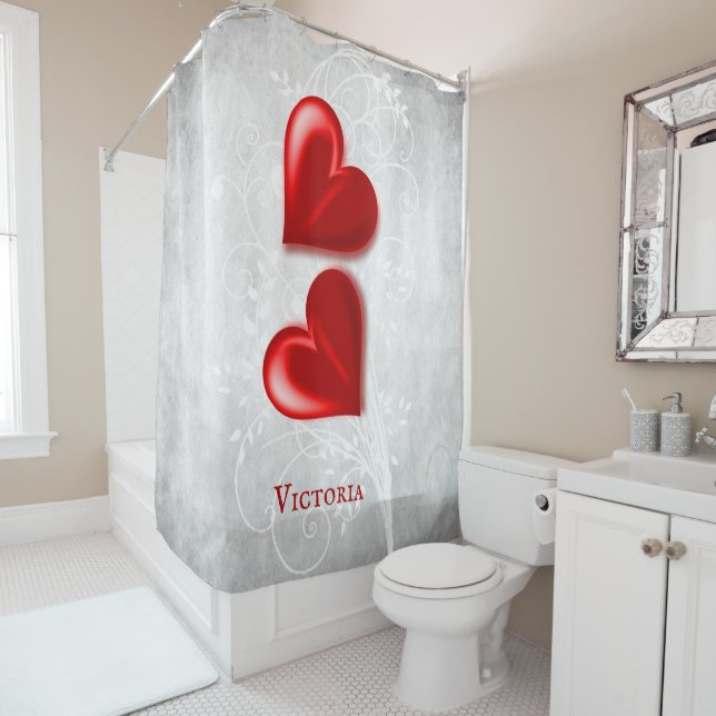 Red Hearts Personalised Shower Curtain (In Situ)