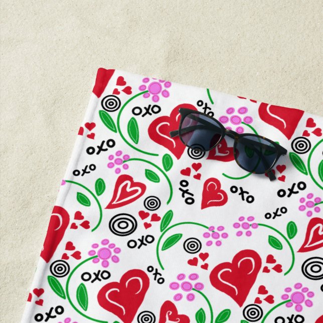 Red Hearts Pink Flowers Beach Towel (In Situ)