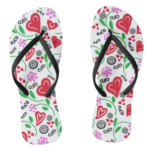Red Hearts Pink Flowers  Flip Flops