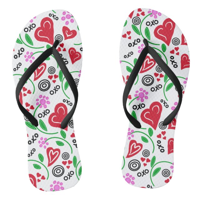 Red Hearts Pink Flowers  Flip Flops (Footbed)
