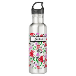 Red Hearts Pink Flowers Water Bottle