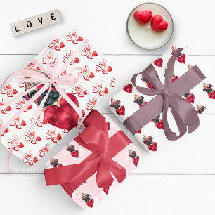 Red Hearts Pug Dog Lover Valentines Gift Wrapping Paper Sheet