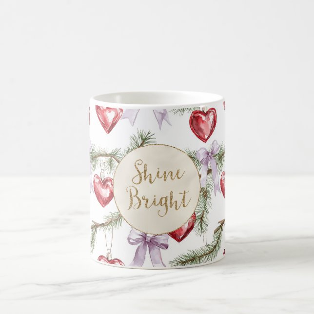 Red Hearts Purple Bows Christmas Gold Glitter   Coffee Mug (Center)