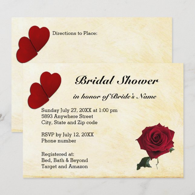 Red Hearts, Rose & Yellow Background Bridal Shower Invitation (Front/Back)