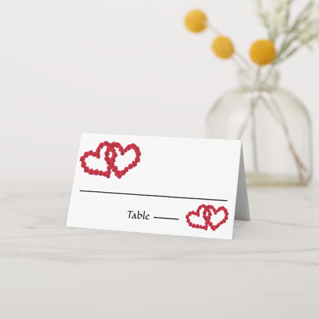 Red Hearts Roses Elegant Wedding Place Card (Front)