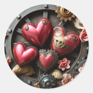 Red Hearts, Skull, Flowers Steampunk Classic Round Sticker