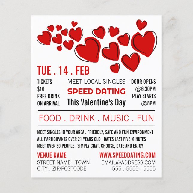 Red Hearts, Speed Dating Event Advertising Flyer (Front)