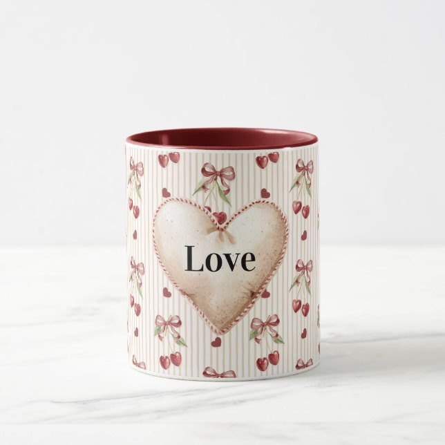 Red Hearts Stripes Cherries Bows Valentine's Day Mug (Center)