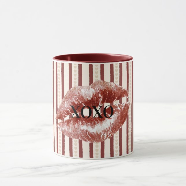 Red Hearts Stripes XOXO Kiss Lips Mug (Center)