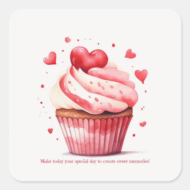 Red Hearts Sweet Cupcake Valentine's Day Card Square Sticker (Front)