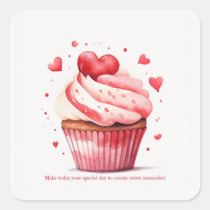 Red Hearts Sweet Cupcake Valentine's Day Card Square Sticker