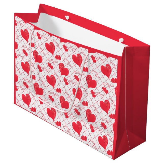 Red hearts, text, "love you" . large gift bag (Front Angled)