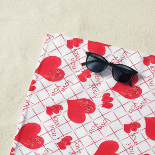 Red hearts, text, "love you", red and white, check beach towel