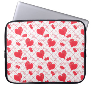 Red hearts, text, "love you", red and white, check laptop sleeve