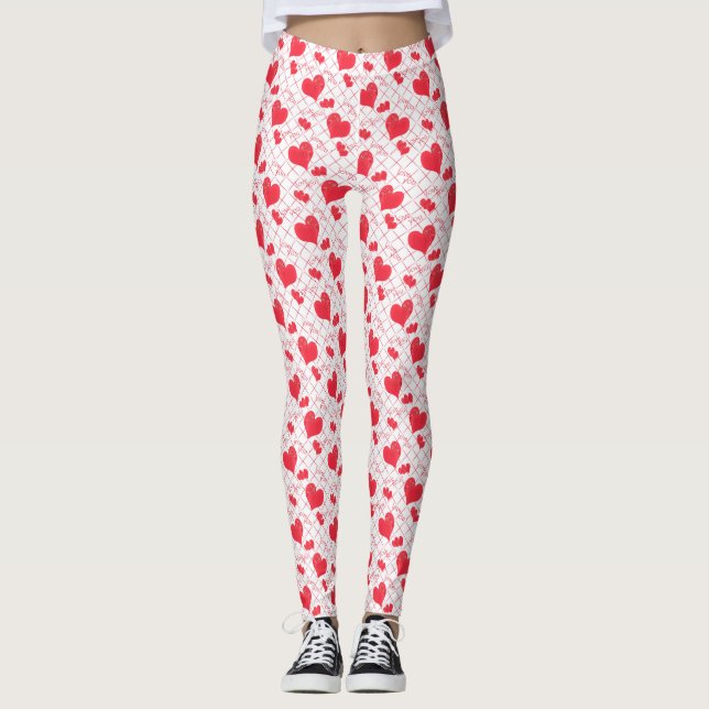 Red hearts, text, "love you", red and white, check leggings (Front)