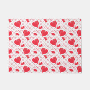 Red hearts, text, "love you", red and white . doormat