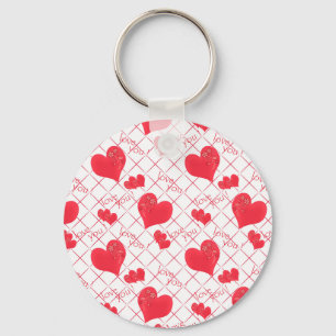 Red hearts, text, "love you", red and white . key ring