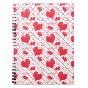 Red hearts, text, "love you", red and white . notebook