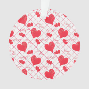 Red hearts, text, "love you", red and white . ornament