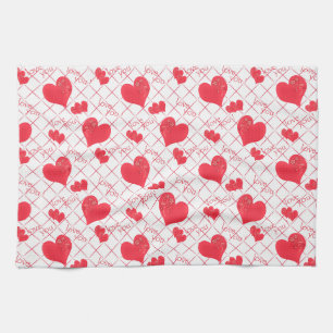 Red hearts, text, "love you", red and white . tea towel