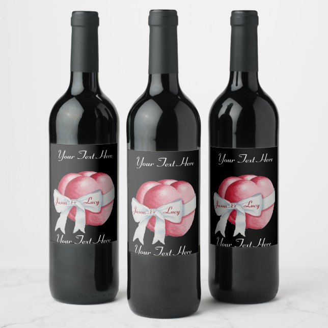 red hearts tied with white bow ribbon wedding wine label (Bottles)