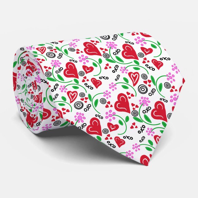 Red Hearts Valentine Pink Flowers Tie (Rolled)