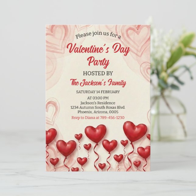 Red Hearts Valentine's Day Party Invitation (Standing Front)