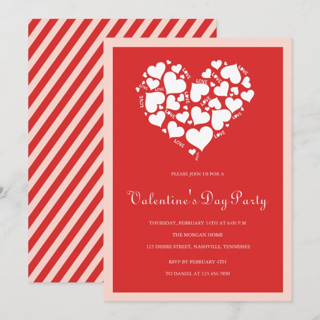 Red Hearts Valentine's Day Party Invitations (Front/Back)