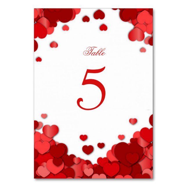Red Hearts, Valentine's Day, Wedding, Custom Table Number (Front)