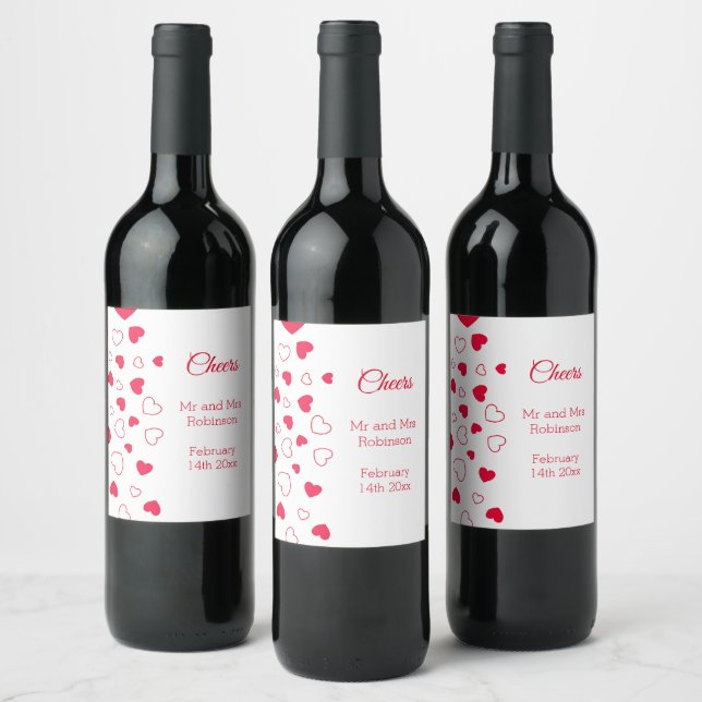 Red Hearts Valentines Day Wedding Wine Label (Bottles)