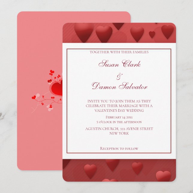 Red Hearts Valentine's Wedding Day  Invitation (Front/Back)