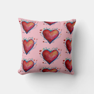 Red Hearts Watercolor Art Throw Cushion