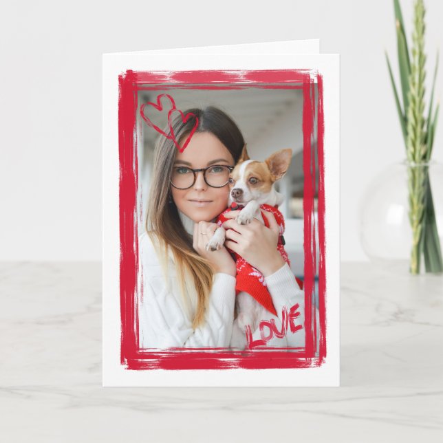 Red Hearts Watercolor Valentine Photo Frame Holiday Card (Front)