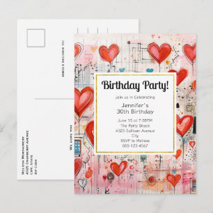 Red Hearts Whimsical Love Pattern Birthday Invite