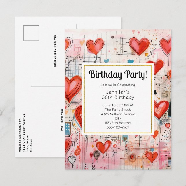 Red Hearts Whimsical Love Pattern Birthday Invite (Front/Back)
