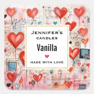 Red Hearts Whimsical Love Pattern Candle Business Square Sticker
