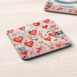 Red Hearts Whimsical Love Pattern Coaster