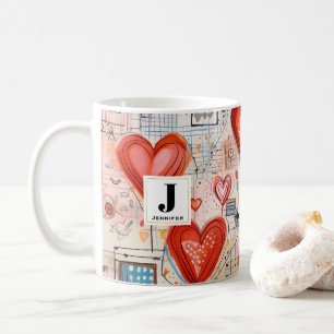 Red Hearts Whimsical Love Pattern Monogram Coffee Mug