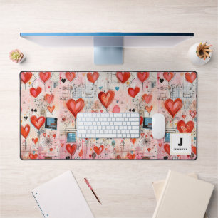 Red Hearts Whimsical Love Pattern Monogram  Desk Mat