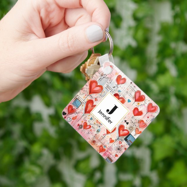 Red Hearts Whimsical Love Pattern Monogram Key Ring (Hand)