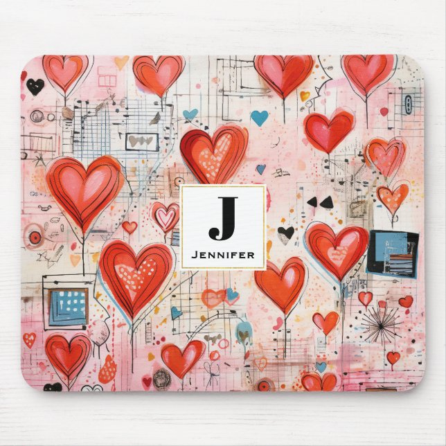 Red Hearts Whimsical Love Pattern Monogram Mouse Mat (Front)