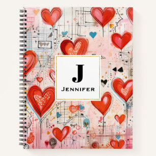Red Hearts Whimsical Love Pattern Monogram Notebook