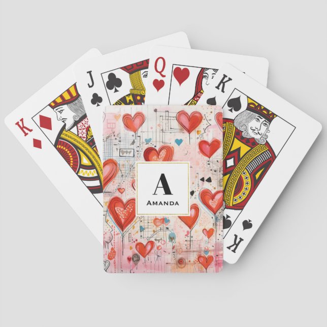 Red Hearts Whimsical Love Pattern Monogram Playing Cards (Back)