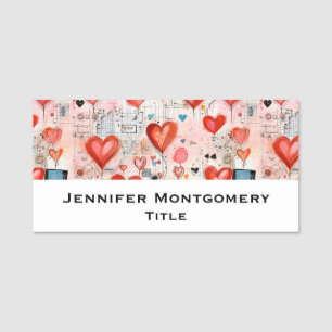 Red Hearts Whimsical Love Pattern Name Tag