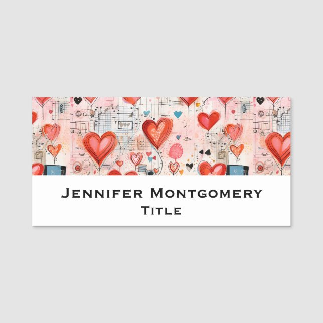 Red Hearts Whimsical Love Pattern Name Tag (Front)