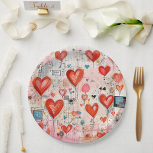 Red Hearts Whimsical Love Pattern Paper Plate