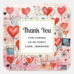 Red Hearts Whimsical Love Pattern Party Thank You Square Sticker