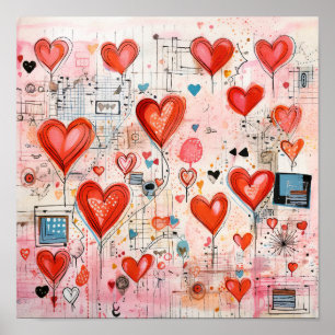Red Hearts Whimsical Love Pattern Poster