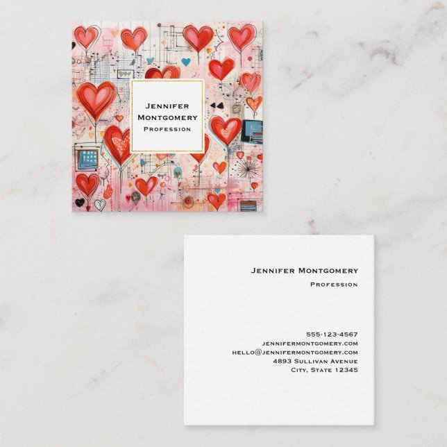 Red Hearts Whimsical Love Pattern Square Business Card (Front/Back)