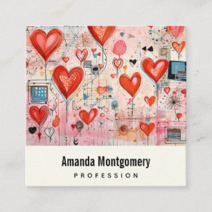 Red Hearts Whimsical Love Pattern Square Business Card